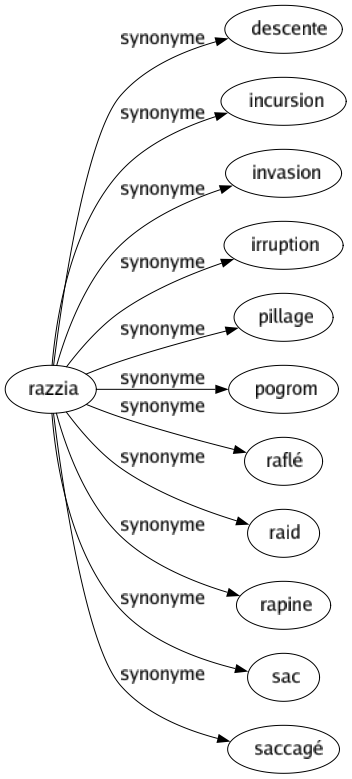 Synonyme de Razzia : Descente Incursion Invasion Irruption Pillage Pogrom Raflé Raid Rapine Sac Saccagé 