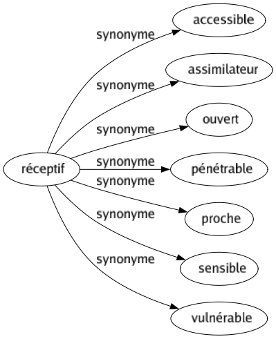Synonyme de Réceptif : Accessible Assimilateur Ouvert Pénétrable Proche Sensible Vulnérable 