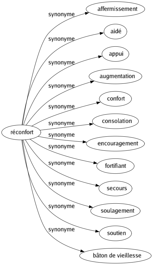 Synonyme de Réconfort : Affermissement Aidé Appui Augmentation Confort Consolation Encouragement Fortifiant Secours Soulagement Soutien Bâton de vieillesse 