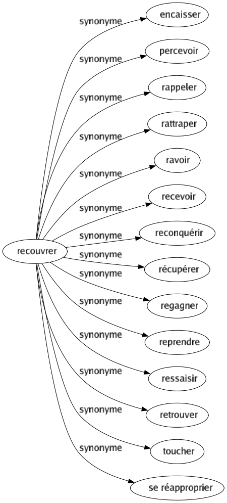 Synonyme de Recouvrer : Encaisser Percevoir Rappeler Rattraper Ravoir Recevoir Reconquérir Récupérer Regagner Reprendre Ressaisir Retrouver Toucher Se réapproprier 