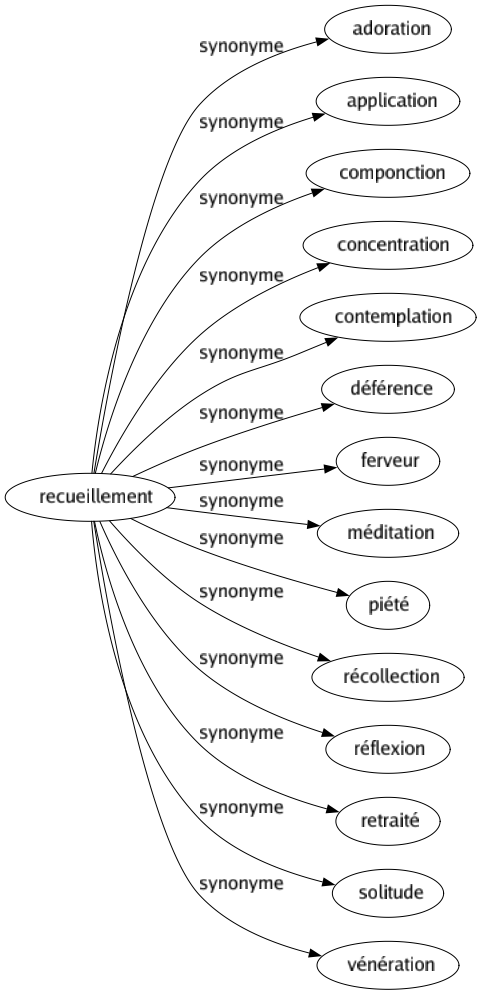 Synonyme de Recueillement : Adoration Application Componction Concentration Contemplation Déférence Ferveur Méditation Piété Récollection Réflexion Retraité Solitude Vénération 