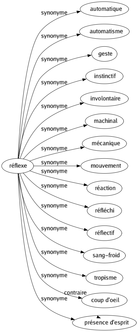 Synonyme de Réflexe : Automatique Automatisme Geste Instinctif Involontaire Machinal Mécanique Mouvement Réaction Réfléchi Réflectif Sang-froid Tropisme Coup d'oeil Présence d'esprit 