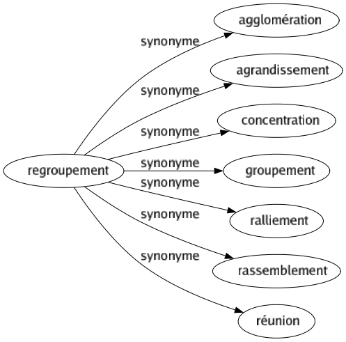 Synonyme de Regroupement : Agglomération Agrandissement Concentration Groupement Ralliement Rassemblement Réunion 