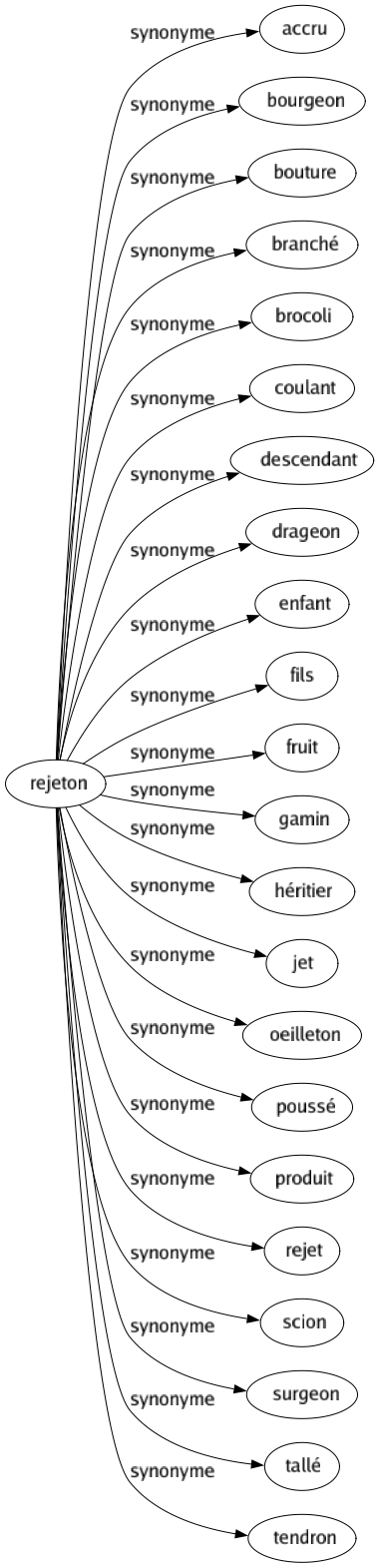 Synonyme de Rejeton : Accru Bourgeon Bouture Branché Brocoli Coulant Descendant Drageon Enfant Fils Fruit Gamin Héritier Jet Oeilleton Poussé Produit Rejet Scion Surgeon Tallé Tendron 