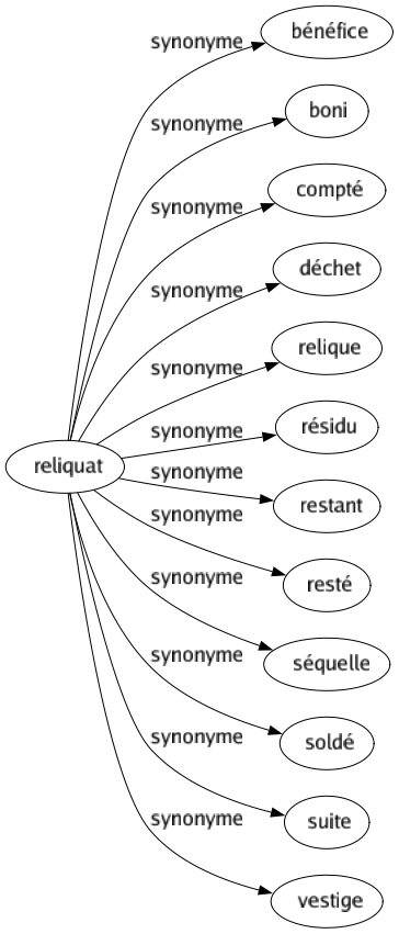Synonyme de Reliquat : Bénéfice Boni Compté Déchet Relique Résidu Restant Resté Séquelle Soldé Suite Vestige 