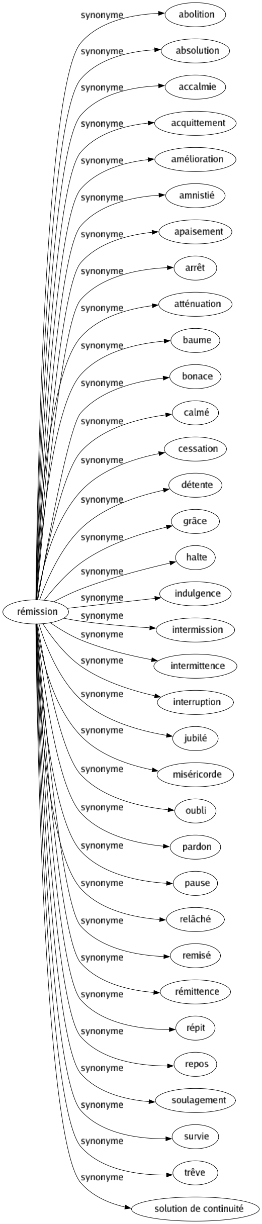 Synonyme de Rémission : Abolition Absolution Accalmie Acquittement Amélioration Amnistié Apaisement Arrêt Atténuation Baume Bonace Calmé Cessation Détente Grâce Halte Indulgence Intermission Intermittence Interruption Jubilé Miséricorde Oubli Pardon Pause Relâché Remisé Rémittence Répit Repos Soulagement Survie Trêve Solution de continuité 