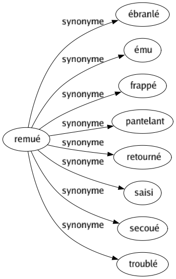 Synonyme de Remué : Ébranlé Ému Frappé Pantelant Retourné Saisi Secoué Troublé 
