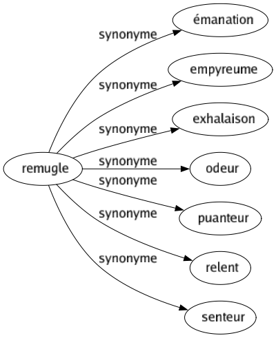 Synonyme de Remugle : Émanation Empyreume Exhalaison Odeur Puanteur Relent Senteur 