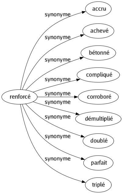 Synonyme de Renforcé : Accru Achevé Bétonné Compliqué Corroboré Démultiplié Doublé Parfait Triplé 
