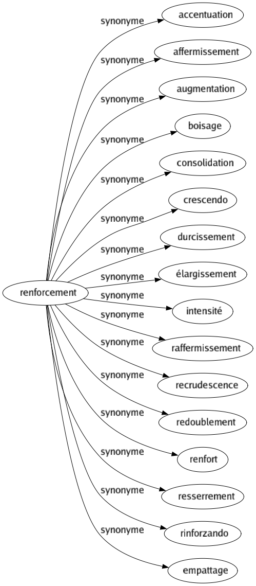 Synonyme de Renforcement : Accentuation Affermissement Augmentation Boisage Consolidation Crescendo Durcissement Élargissement Intensité Raffermissement Recrudescence Redoublement Renfort Resserrement Rinforzando Empattage 