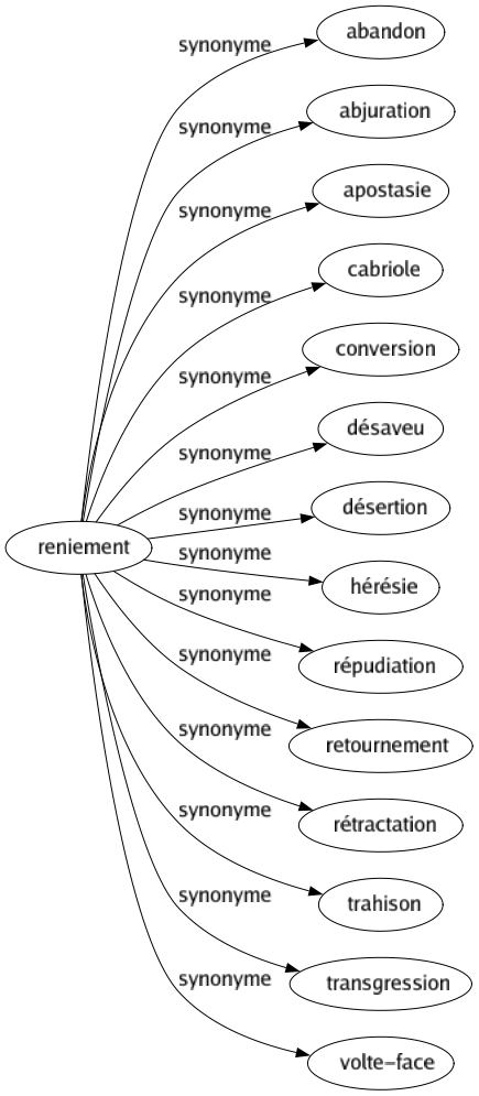 Synonyme de Reniement : Abandon Abjuration Apostasie Cabriole Conversion Désaveu Désertion Hérésie Répudiation Retournement Rétractation Trahison Transgression Volte-face 