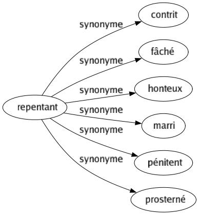 Synonyme de Repentant : Contrit Fâché Honteux Marri Pénitent Prosterné 