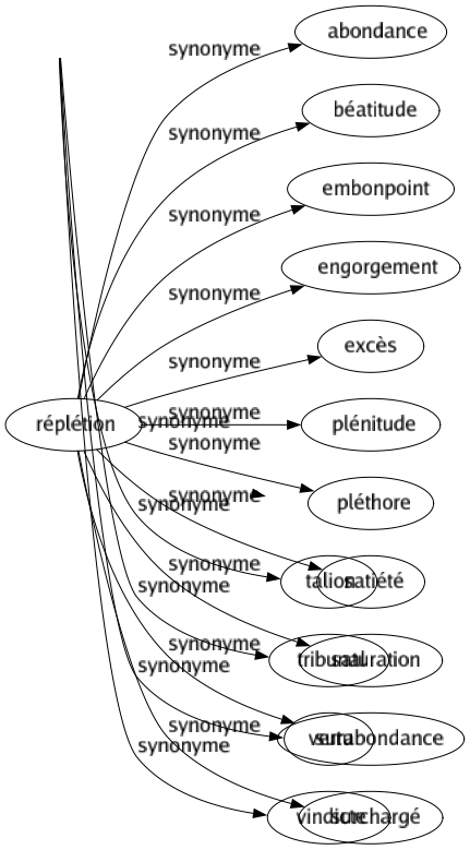 Synonyme de Réplétion : Abondance Béatitude Embonpoint Engorgement Excès Plénitude Pléthore Satiété Saturation Surabondance Surchargé 