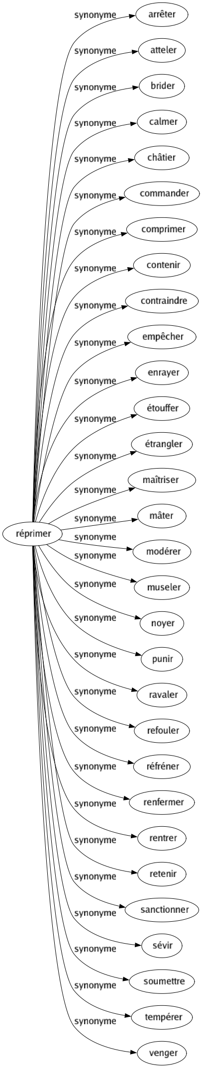 Synonyme de Réprimer : Arrêter Atteler Brider Calmer Châtier Commander Comprimer Contenir Contraindre Empêcher Enrayer Étouffer Étrangler Maîtriser Mâter Modérer Museler Noyer Punir Ravaler Refouler Réfréner Renfermer Rentrer Retenir Sanctionner Sévir Soumettre Tempérer Venger 