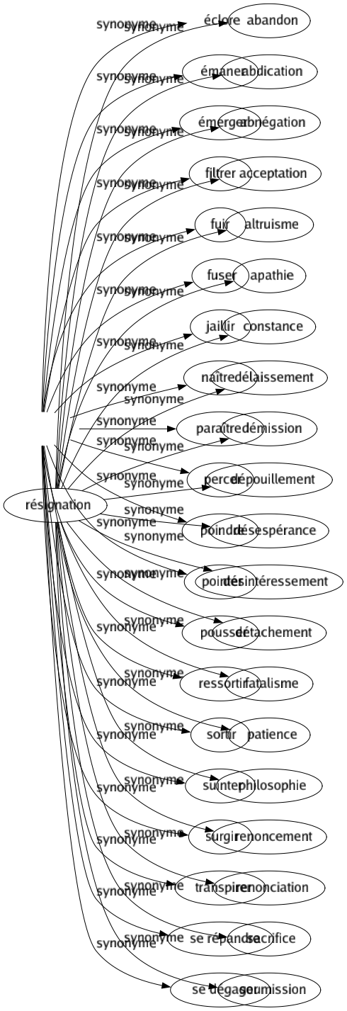 Synonyme de Résignation : Abandon Abdication Abnégation Acceptation Altruisme Apathie Constance Délaissement Démission Dépouillement Désespérance Désintéressement Détachement Fatalisme Patience Philosophie Renoncement Renonciation Sacrifice Soumission 