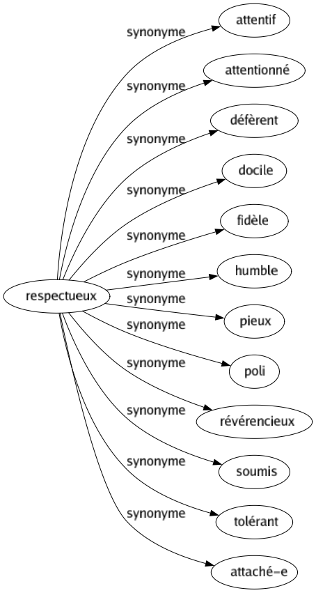 Synonyme de Respectueux : Attentif Attentionné Défèrent Docile Fidèle Humble Pieux Poli Révérencieux Soumis Tolérant Attaché-e 