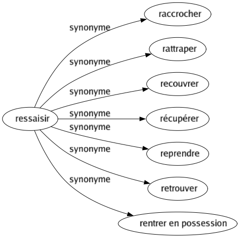 Synonyme de Ressaisir : Raccrocher Rattraper Recouvrer Récupérer Reprendre Retrouver Rentrer en possession 