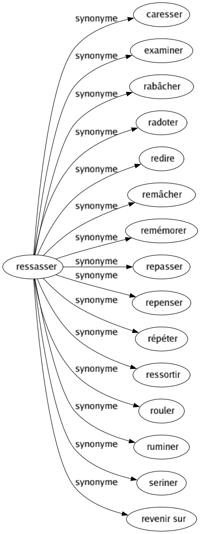 Synonyme de Ressasser : Caresser Examiner Rabâcher Radoter Redire Remâcher Remémorer Repasser Repenser Répéter Ressortir Rouler Ruminer Seriner Revenir sur 