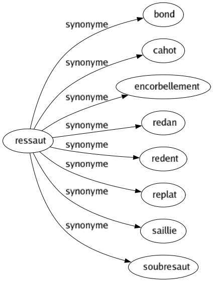 Synonyme de Ressaut : Bond Cahot Encorbellement Redan Redent Replat Saillie Soubresaut 