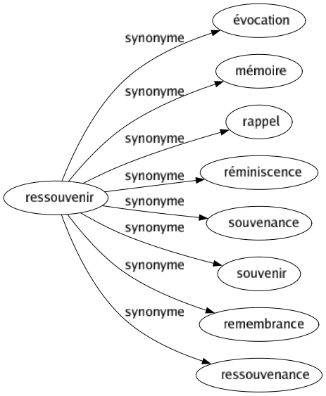 Synonyme de Ressouvenir : Évocation Mémoire Rappel Réminiscence Souvenance Souvenir Remembrance Ressouvenance 