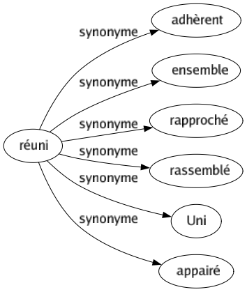 Synonyme de Réuni : Adhèrent Ensemble Rapproché Rassemblé Uni Appairé 