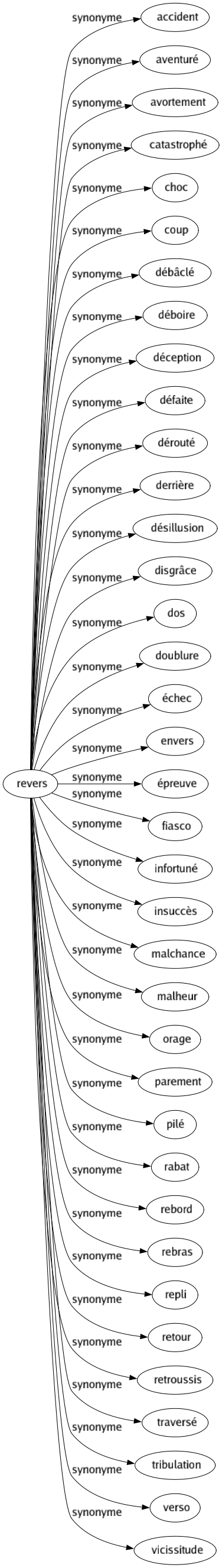 Synonyme de Revers : Accident Aventuré Avortement Catastrophé Choc Coup Débâclé Déboire Déception Défaite Dérouté Derrière Désillusion Disgrâce Dos Doublure Échec Envers Épreuve Fiasco Infortuné Insuccès Malchance Malheur Orage Parement Pilé Rabat Rebord Rebras Repli Retour Retroussis Traversé Tribulation Verso Vicissitude 