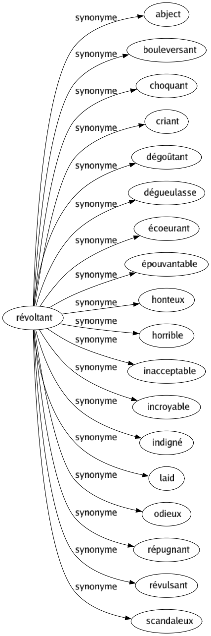 Synonyme de Révoltant : Abject Bouleversant Choquant Criant Dégoûtant Dégueulasse Écoeurant Épouvantable Honteux Horrible Inacceptable Incroyable Indigné Laid Odieux Répugnant Révulsant Scandaleux 