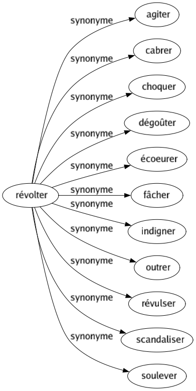Synonyme de Révolter : Agiter Cabrer Choquer Dégoûter Écoeurer Fâcher Indigner Outrer Révulser Scandaliser Soulever 