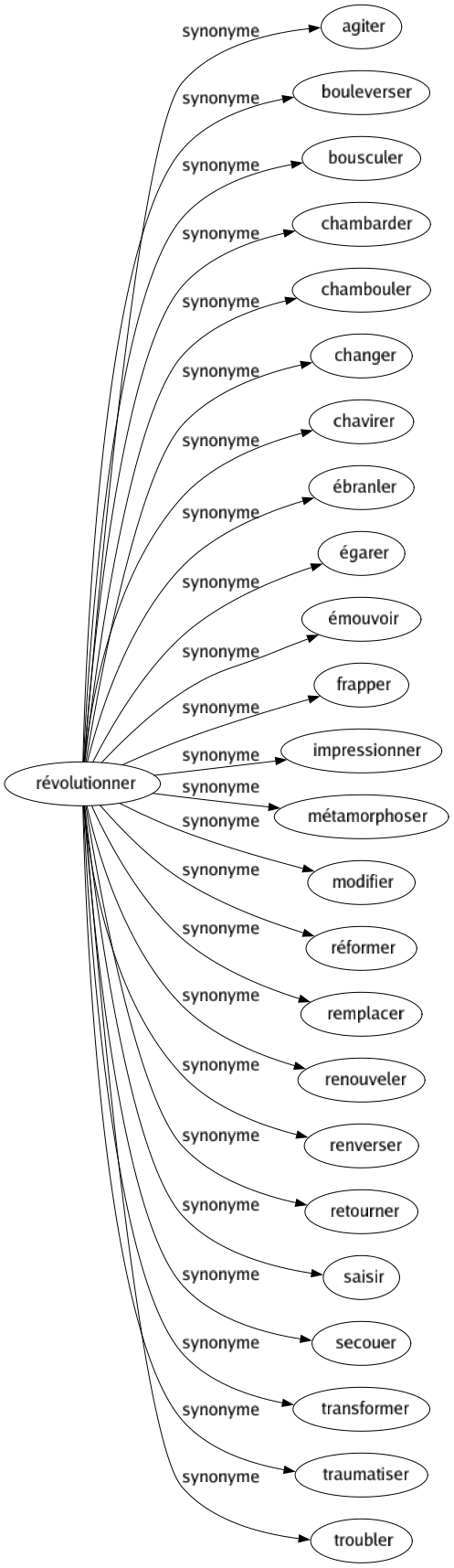 Synonyme de Révolutionner : Agiter Bouleverser Bousculer Chambarder Chambouler Changer Chavirer Ébranler Égarer Émouvoir Frapper Impressionner Métamorphoser Modifier Réformer Remplacer Renouveler Renverser Retourner Saisir Secouer Transformer Traumatiser Troubler 
