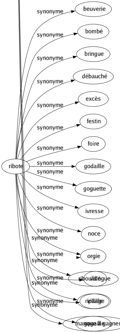 Synonyme de Ribote : Beuverie Bombé Bringue Débauché Excès Festin Foire Godaille Goguette Ivresse Noce Orgie Ribouldingue Ripaille Gogaille 