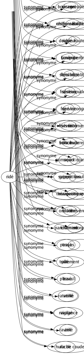 Synonyme de Ridé : Boucane Chiffonné Doublé Fané Flétri Fraisé Fripé Froissé Froncé Grimaçant Grippé Marqué Ondulé Parcheminé Passé Plié Plissé Ratatiné Ravagé Raviné Ruché 