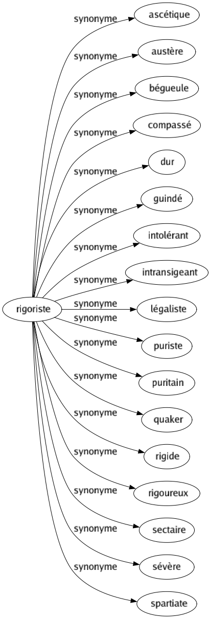 Synonyme de Rigoriste : Ascétique Austère Bégueule Compassé Dur Guindé Intolérant Intransigeant Légaliste Puriste Puritain Quaker Rigide Rigoureux Sectaire Sévère Spartiate 