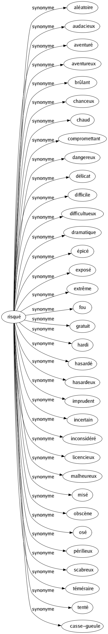 Synonyme de Risqué : Aléatoire Audacieux Aventuré Aventureux Brûlant Chanceux Chaud Compromettant Dangereux Délicat Difficile Difficultueux Dramatique Épicé Exposé Extrême Fou Gratuit Hardi Hasardé Hasardeux Imprudent Incertain Inconsidéré Licencieux Malheureux Misé Obscène Osé Périlleux Scabreux Téméraire Tenté Casse-gueule 