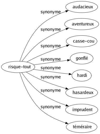 Synonyme de Risque-tout : Audacieux Aventureux Casse-cou Gonflé Hardi Hasardeux Imprudent Téméraire 