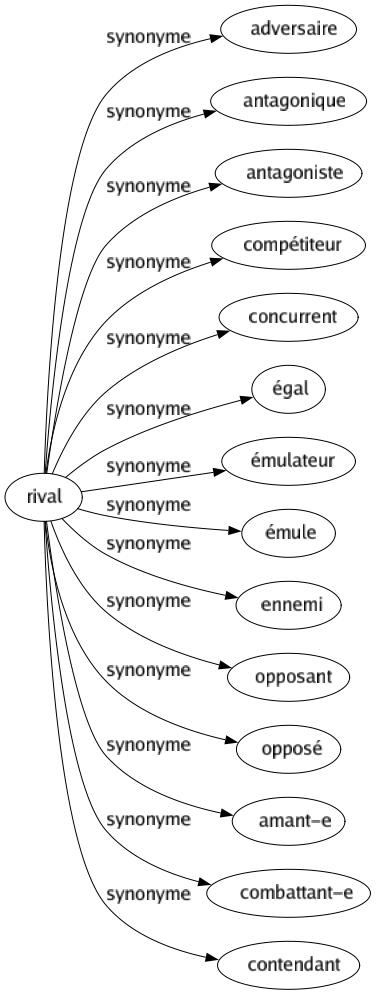 Synonyme de Rival : Adversaire Antagonique Antagoniste Compétiteur Concurrent Égal Émulateur Émule Ennemi Opposant Opposé Amant-e Combattant-e Contendant 