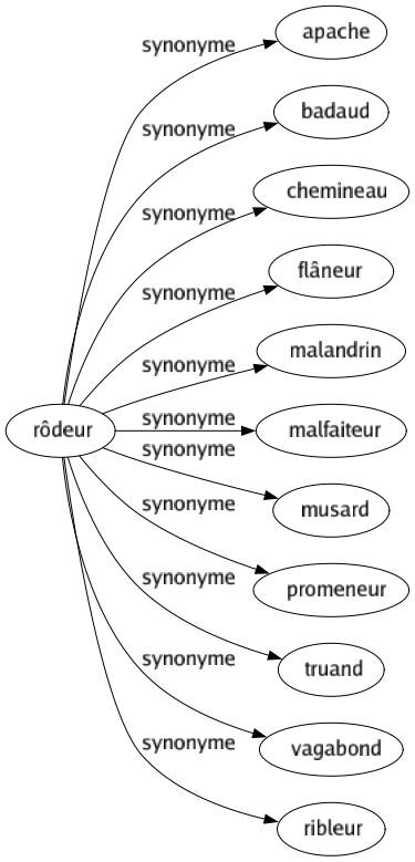 Synonyme de Rôdeur : Apache Badaud Chemineau Flâneur Malandrin Malfaiteur Musard Promeneur Truand Vagabond Ribleur 