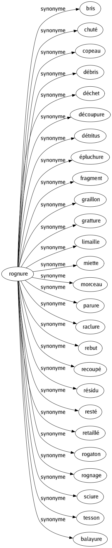 Synonyme de Rognure : Bris Chuté Copeau Débris Déchet Découpure Détritus Épluchure Fragment Graillon Gratture Limaille Miette Morceau Parure Raclure Rebut Recoupé Résidu Resté Retaillé Rogaton Rognage Sciure Tesson Balayure 