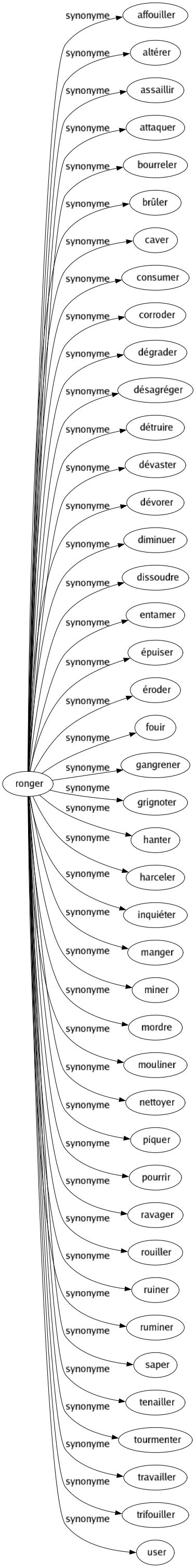 Synonyme de Ronger : Affouiller Altérer Assaillir Attaquer Bourreler Brûler Caver Consumer Corroder Dégrader Désagréger Détruire Dévaster Dévorer Diminuer Dissoudre Entamer Épuiser Éroder Fouir Gangrener Grignoter Hanter Harceler Inquiéter Manger Miner Mordre Mouliner Nettoyer Piquer Pourrir Ravager Rouiller Ruiner Ruminer Saper Tenailler Tourmenter Travailler Trifouiller User 