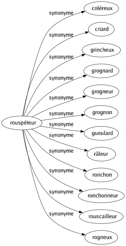 Synonyme de Rouspéteur : Coléreux Criard Grincheux Grognard Grogneur Grognon Gueulard Râleur Ronchon Ronchonneur Rouscailleur Rogneux 