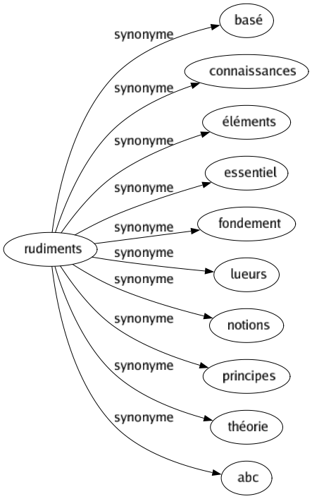 Synonyme de Rudiments : Basé Connaissances Éléments Essentiel Fondement Lueurs Notions Principes Théorie Abc 
