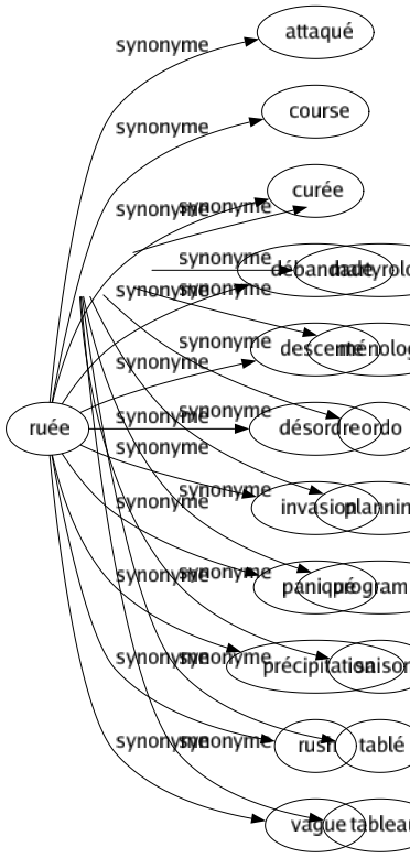 Synonyme de Ruée : Attaqué Course Curée Débandade Descente Désordre Invasion Paniqué Précipitation Rush Vague 