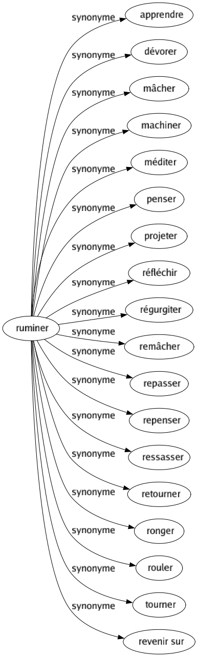 Synonyme de Ruminer : Apprendre Dévorer Mâcher Machiner Méditer Penser Projeter Réfléchir Régurgiter Remâcher Repasser Repenser Ressasser Retourner Ronger Rouler Tourner Revenir sur 