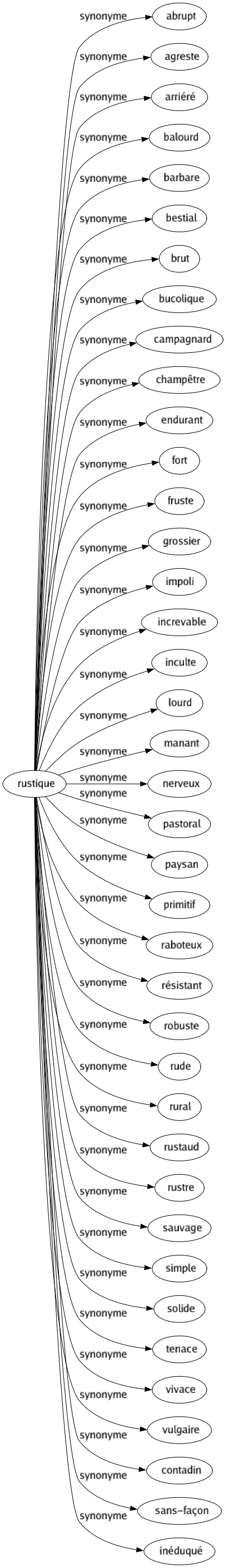 Synonyme de Rustique : Abrupt Agreste Arriéré Balourd Barbare Bestial Brut Bucolique Campagnard Champêtre Endurant Fort Fruste Grossier Impoli Increvable Inculte Lourd Manant Nerveux Pastoral Paysan Primitif Raboteux Résistant Robuste Rude Rural Rustaud Rustre Sauvage Simple Solide Tenace Vivace Vulgaire Contadin Sans-façon Inéduqué 