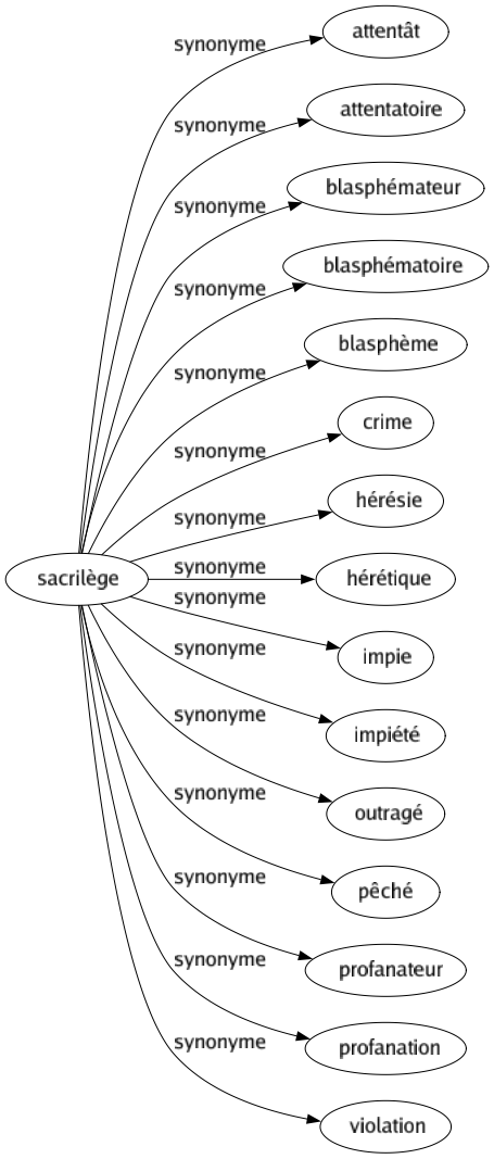 Synonyme de Sacrilège : Attentât Attentatoire Blasphémateur Blasphématoire Blasphème Crime Hérésie Hérétique Impie Impiété Outragé Pêché Profanateur Profanation Violation 