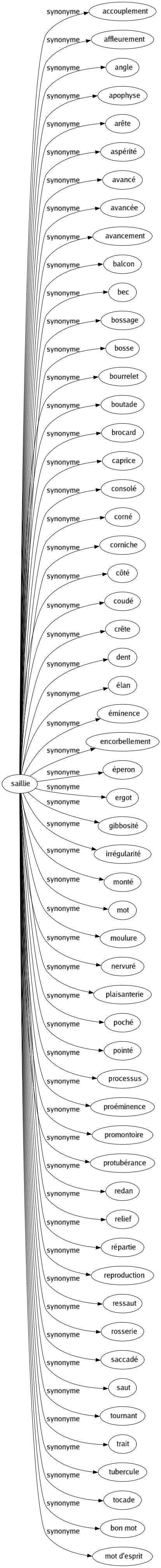 Synonyme de Saillie : Accouplement Affleurement Angle Apophyse Arête Aspérité Avancé Avancée Avancement Balcon Bec Bossage Bosse Bourrelet Boutade Brocard Caprice Consolé Corné Corniche Côté Coudé Crête Dent Élan Éminence Encorbellement Éperon Ergot Gibbosité Irrégularité Monté Mot Moulure Nervuré Plaisanterie Poché Pointé Processus Proéminence Promontoire Protubérance Redan Relief Répartie Reproduction Ressaut Rosserie Saccadé Saut Tournant Trait Tubercule Tocade Bon mot Mot d'esprit 