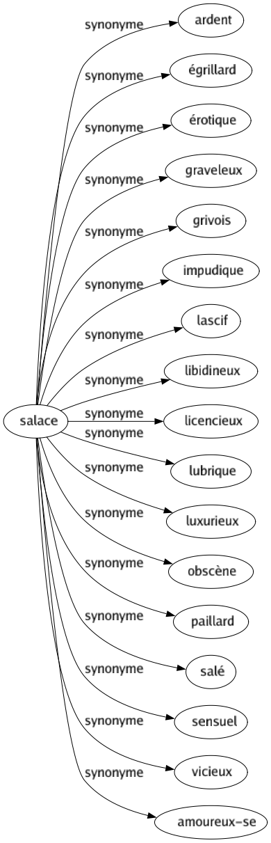 Synonyme de Salace : Ardent Égrillard Érotique Graveleux Grivois Impudique Lascif Libidineux Licencieux Lubrique Luxurieux Obscène Paillard Salé Sensuel Vicieux Amoureux-se 