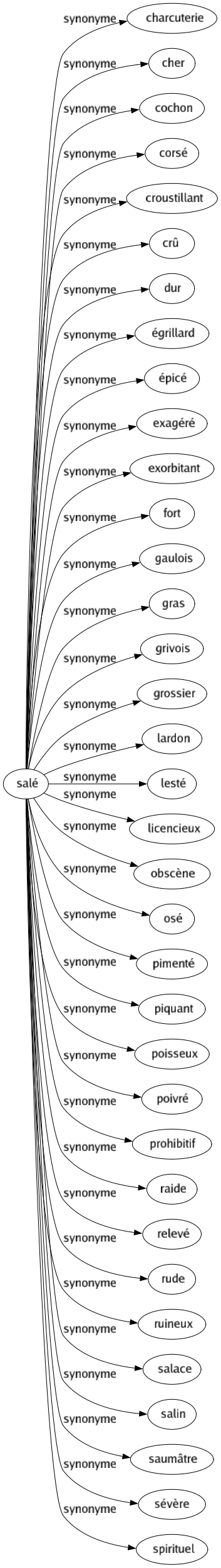 Synonyme de Salé : Charcuterie Cher Cochon Corsé Croustillant Crû Dur Égrillard Épicé Exagéré Exorbitant Fort Gaulois Gras Grivois Grossier Lardon Lesté Licencieux Obscène Osé Pimenté Piquant Poisseux Poivré Prohibitif Raide Relevé Rude Ruineux Salace Salin Saumâtre Sévère Spirituel 
