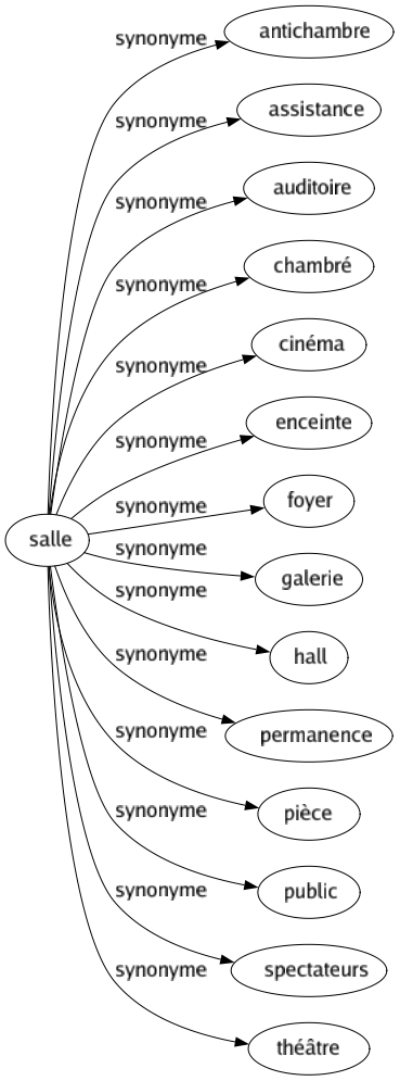 Synonyme de Salle : Antichambre Assistance Auditoire Chambré Cinéma Enceinte Foyer Galerie Hall Permanence Pièce Public Spectateurs Théâtre 