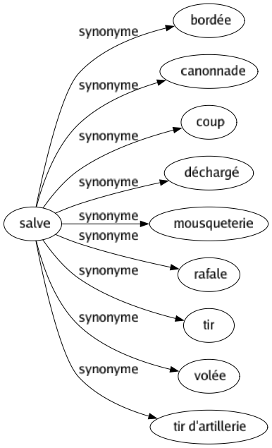 Synonyme de Salve : Bordée Canonnade Coup Déchargé Mousqueterie Rafale Tir Volée Tir d'artillerie 