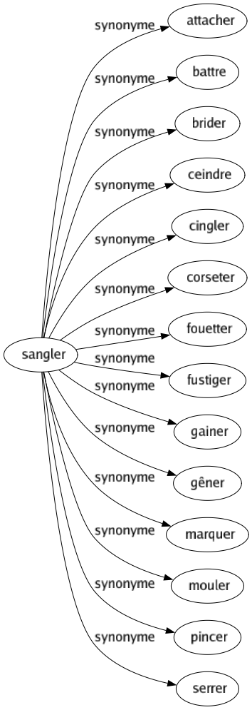 Synonyme de Sangler : Attacher Battre Brider Ceindre Cingler Corseter Fouetter Fustiger Gainer Gêner Marquer Mouler Pincer Serrer 